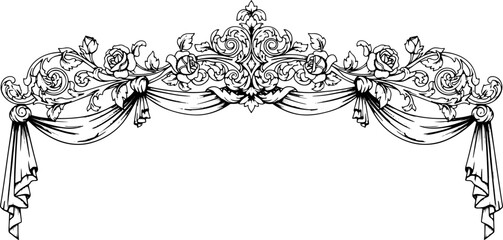 Elegant vintage floral scrollwork with draped fabric adds a touch of classic sophistication silhouette and cutout removed background © Hassan