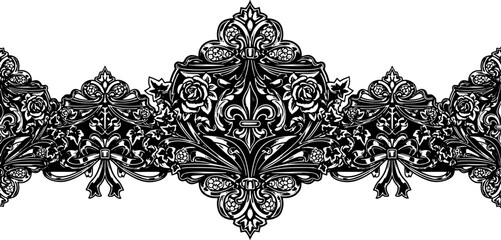 Elegant black and white ornate floral border with fleur de lis and roses, vintage design element silhouette and cutout removed background