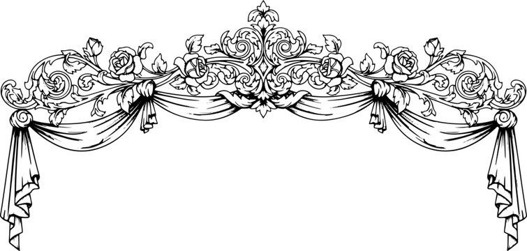 Elegant vintage floral scrollwork with draped fabric adds a touch of classic sophistication silhouette and cutout removed background