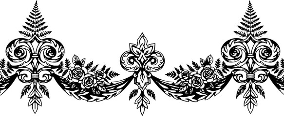 Elegant black and white floral scrollwork with roses and ferns, perfect for vintage design accents. silhouette and cutout removed background