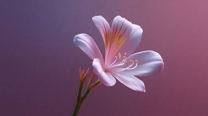Fototapeta premium Floral Elegance: A delicate, soft-pink flower, artfully captures a singular blossom in full bloom, set against a gradient backdrop of gentle purple hues.