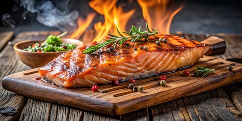 Grilled salmon steak on barbecue with charred skin and smoky flavor, served on a wooden cutting board