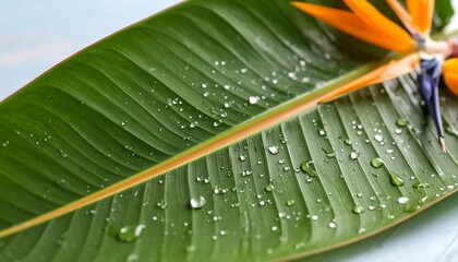 Close-up of a tropical leaf with dew drops