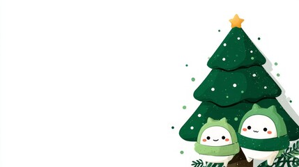 Cute Cartoon Characters Celebrating Christmas Next to a Festive Green Tree