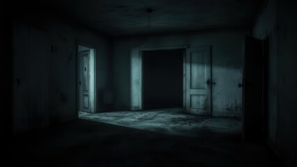 Obraz premium Eerie blue light illuminates a dark abandoned room in a haunted house.