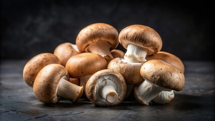 Raw mushrooms champignons on black background are shown in detail with visible texture and veins , nature, close-up