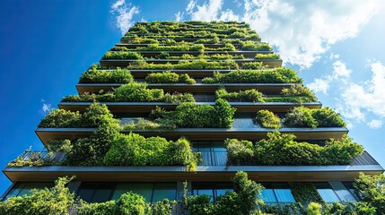 Modern green building showcasing sustainable architecture with lush vertical gardens and eco-friendly design