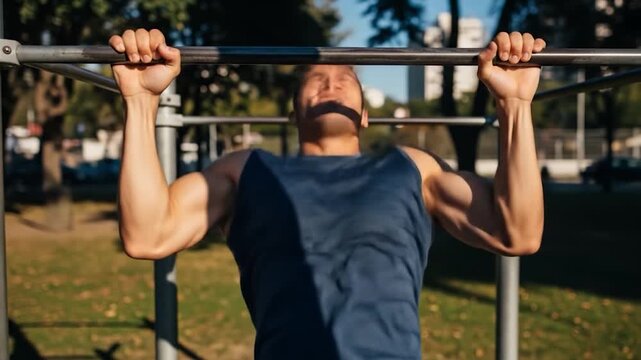 Man performing pull up exercise on bar outdoors