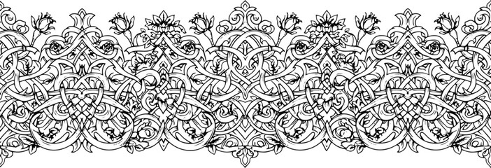 Intricate black and white Celtic knotwork border with floral motifs and roses silhouette and cutout removed background