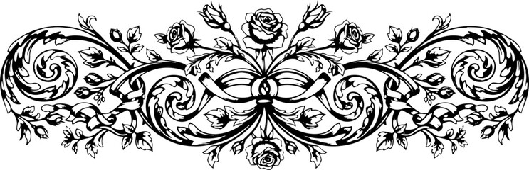 Elegant vintage rose scrollwork border design with ornate floral details and ribbons silhouette and cutout removed background