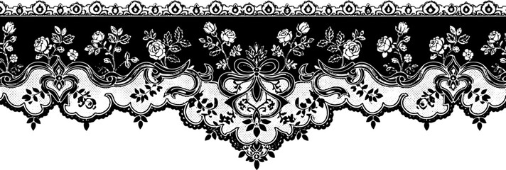 Elegant black and white lace border with roses and bows, perfect for vintage design accents. silhouette and cutout removed background