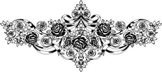 Elegant black and white rose floral border design with swirling ribbons and leaves silhouette and cutout removed background