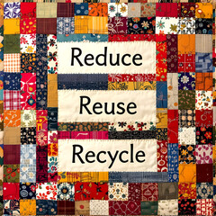 Obraz premium Top-Down View of Vibrant Patchwork Quilt Made from Recycled Fabrics with Handwritten “Reduce, Reuse, Recycle” Labels in Natural Script for Sustainable Living Concept