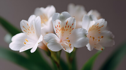 Obraz premium Alstroemeria Blossom: A close-up view showcases delicate, pure white alstroemeria flowers with intricate orange markings, capturing the exquisite details and gentle beauty.
