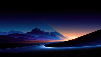 A dramatic vista of mountains bathed in the warm hues of a sunrise, with a winding road leading towards the horizon, creating a serene and awe-inspiring scene.