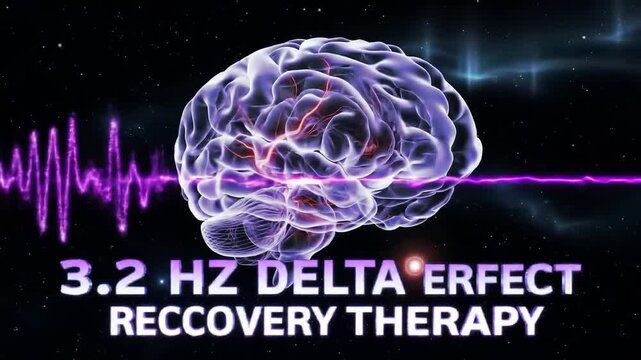 3.2 Hz Delta Brainwave Therapy for Deep Sleep and Recovery: Animated Human Brain with Pulsating Purple Waves in Space