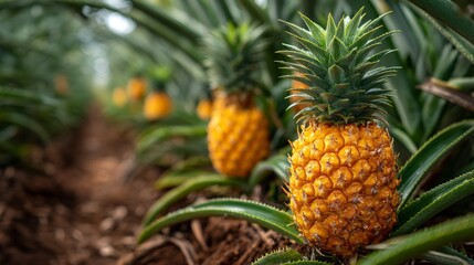 Obraz premium Fresh Pineapples Growing on Tropical Farm Surrounded by Green Leaves