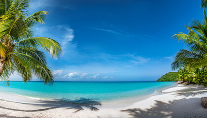 Beautiful Tropical Beach With Palm Trees And Clear Blue Water Panoramic Banner Generative Ai