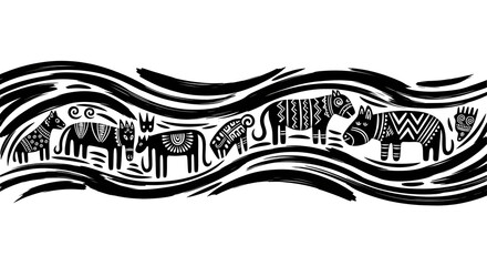Stylized African animals parade across a black and white patterned border for design needs