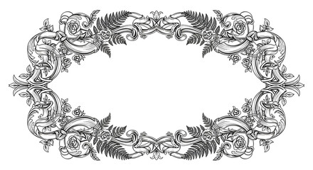 Elegant vintage floral frame design with roses and ferns, perfect for invitations and formal documents