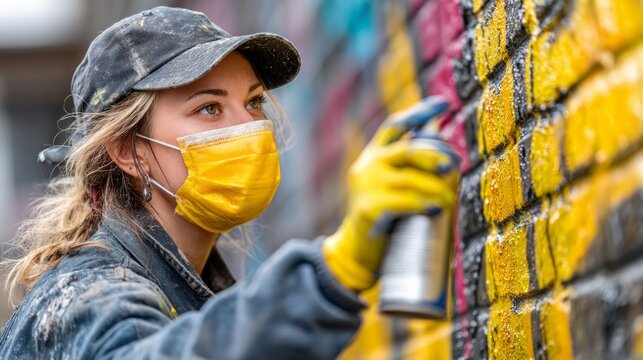 Young Artist Creating Vibrant Mural with Spray Paint on Outdoor Wall