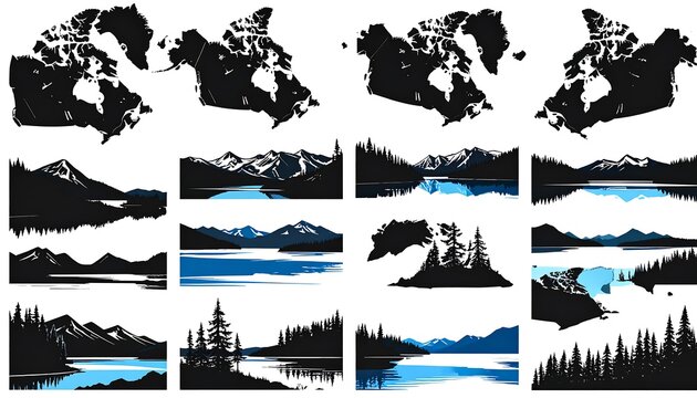 Collection of Canada map silhouettes and landscape scenes