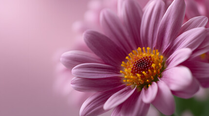 Fototapeta premium Ethereal Bloom in Pink: A captivating close-up of a radiant, pink chrysanthemum with a vibrant yellow center, set against a soft, blurred background, creating a sense of delicacy and charm.