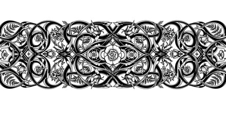 Elegant vintage floral border design with intricate black and white rose patterns for luxury...