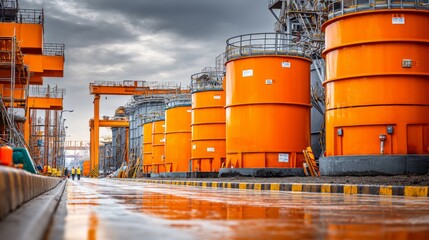 Obraz premium Industrial Scene with Orange Storage Tanks Under Dramatic Cloudy Sky
