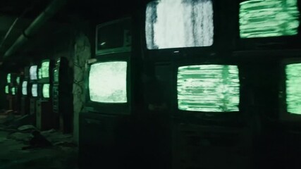 Dynamic Tracking Shot Through a Creepy Abandoned Room with Walls of Old Flickering TVs. - Powered by Adobe