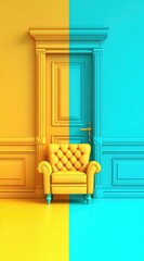 A vibrant yellow and turquoise room features a stylish armchair, showcasing a bold color contrast and elegant design.