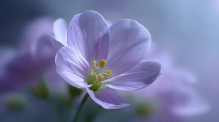 Obraz premium Delicate Petals: A close-up shot reveals a soft, lavender flower, its delicate petals gently unfurling, highlighted with golden stamens. A symbol of peace and serenity.