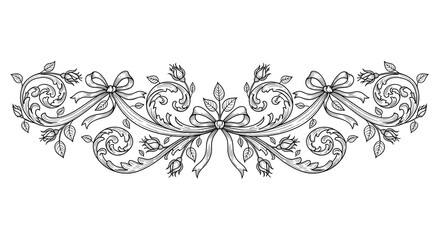 Elegant floral scrollwork with bows and rosebuds adds decorative vintage charm to invitations and designs.