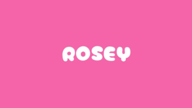 Animated white word ROSEY on a bright pink background, symbolizing love, romance, sweetness, and affection, perfect for romantic or playful design themes.  
