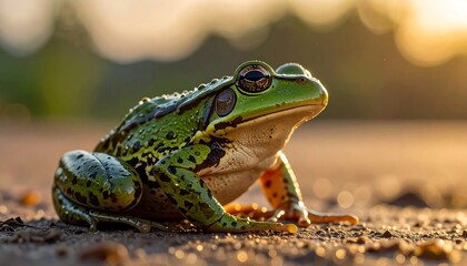 Close-up of a vibrant green frog at sunrise