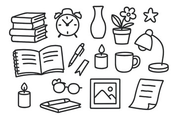Bookshelf Doodle Accents. Hand-drawn doodle illustration Decorative bookshelf accents [stacked books, clock, vase, candle, plant pot, flower, notebook, pen,