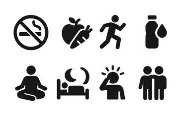 Wellness Habits Icons. Solid, filled icon set of wellness positive habits: no smoking, balanced diet, regular exercise, hydration, meditation, good sleep,