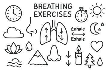Breathing Exercise Icons. Hand-drawn doodle illustration Breathing exercises [lungs, inhale arrows, exhale arrows, stopwatch, clock, nose, lotus flower, cloud,