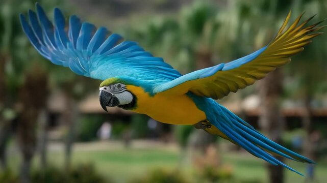 Colorful parrot flying over lush tropical landscape