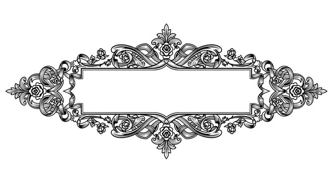 Elegant vintage ornamental frame design with floral elements and swirling ribbons, perfect for invitations.