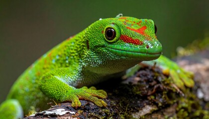 Close-up of a vibrant green gecko on a mossy branch