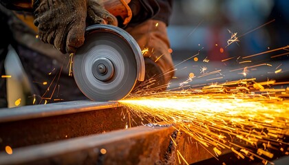 A close-up shot shows a worker using a grinder, producing bright sparks against a metallic surface, wearing protective gloves