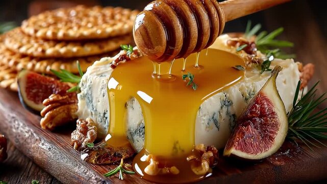 Gorgonzola cheese with honey, figs, crackers, and walnuts on a wooden board.