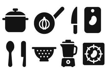 Cooking Utensils Icons. Solid, filled icon set of onion and bean cooking utensils: pot, frying pan, knife, chopping board, spoon, strainer, blender, stove.