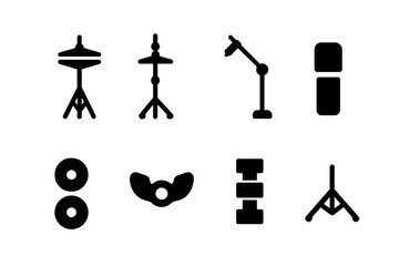 Cymbal Stand Icons. Solid, filled icon set of cymbals mounting: cymbal stand, hi-hat stand, boom arm, cymbal sleeve, felts, wing nut, clutch, stand base.