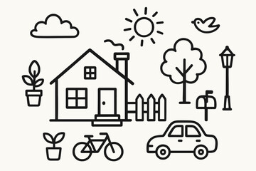 Minimalist Home Doodle. Hand-drawn doodle illustration [black minimalist home] [door, windows, roof, chimney, steps, fence, tree, mailbox, car, lamp post,