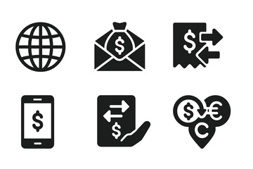 Money Remittance Icons. Solid, filled icon set of money remittance: globe icon, cash envelope, transfer form, agent hand, mobile cash, transfer receipt,