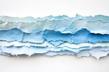 Layered, torn pieces of paper in varying shades of blue create a textured, horizontal design against a white background.
