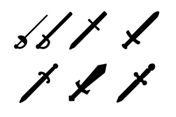 Naklejka premium Sword Icon Collection. Solid, filled icon set of sword styles: fencing, kendo, medieval, samurai, gladiator, renaissance, fantasy, ceremonial. Solid, filled