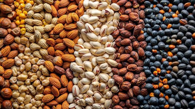 Variety of nuts and seeds arranged in rows, a healthy snack concept.